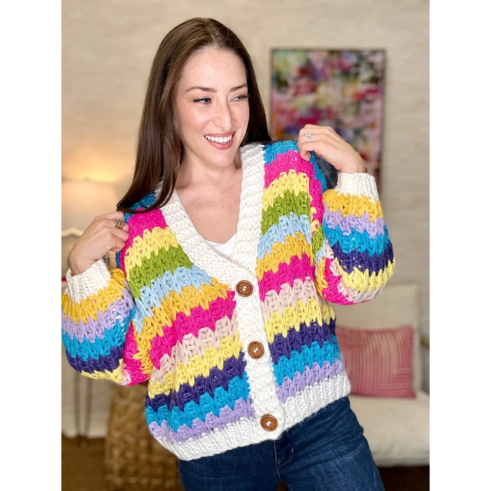 Fate Rainbow Stripe Chunky Knit Cardigan Sweater V-Neck Button Front Large NEW